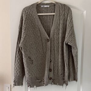 Zara Taupe Cable Knit Women's Cardigan
